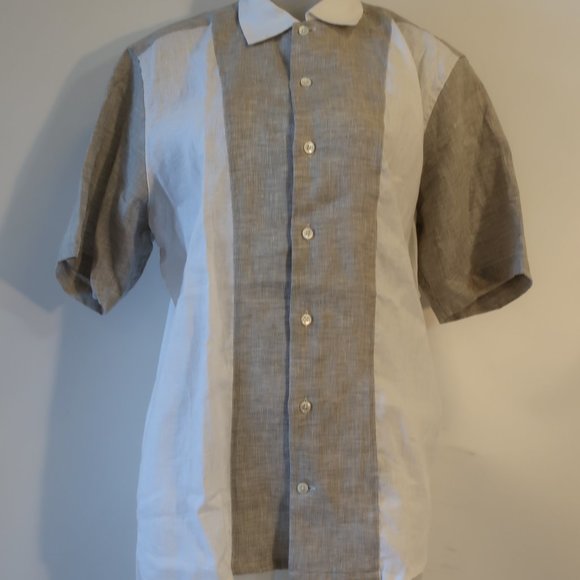 Mens Freemans Sporting Club Linen Gray, White Short Sleeve Button Down Shirt L - Picture 2 of 5